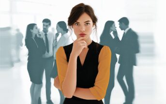 A woman stands thoughtfully in the foreground while groups of people in business attire talk in the blurred background, suggesting an office environment and possible workplace gossip.