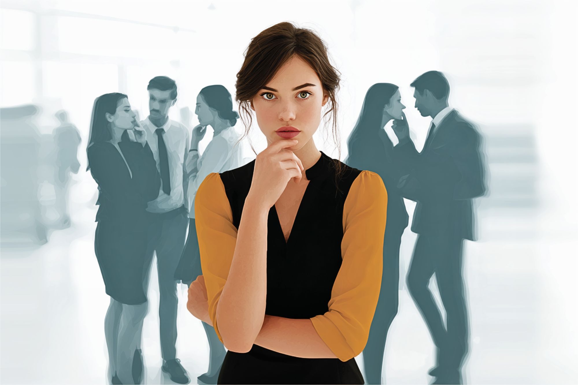 A woman stands thoughtfully in the foreground while groups of people in business attire talk in the blurred background, suggesting an office environment and possible workplace gossip.