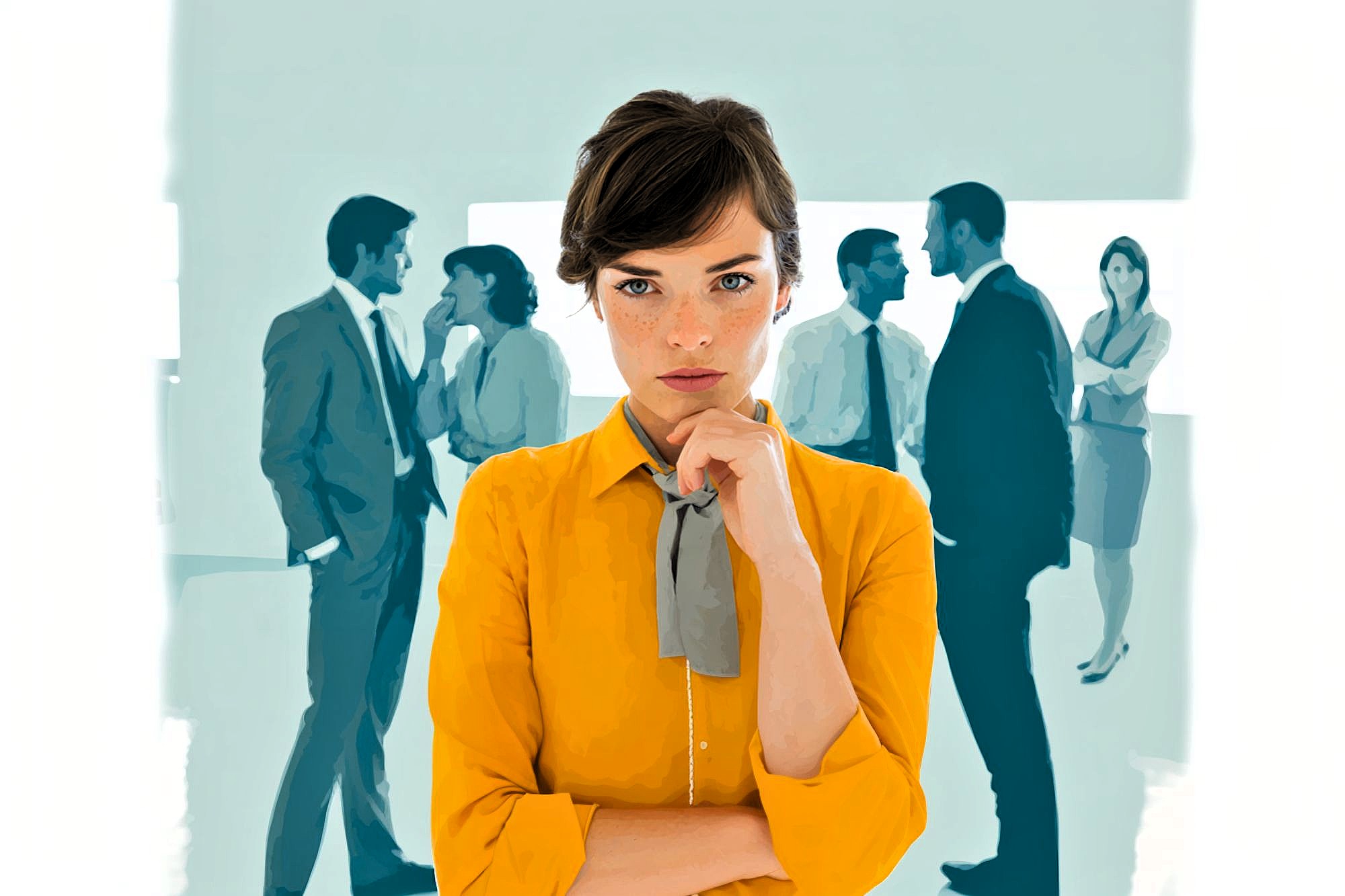 A woman in a yellow shirt stands in the foreground, looking thoughtfully at the camera, while two groups of people in business attire converse in the blurred background.