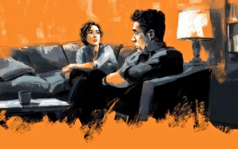 A digital illustration shows a man and a woman sitting on a couch in a warmly lit room, facing each other and appearing deep in conversation; the background is painted in vibrant orange tones.