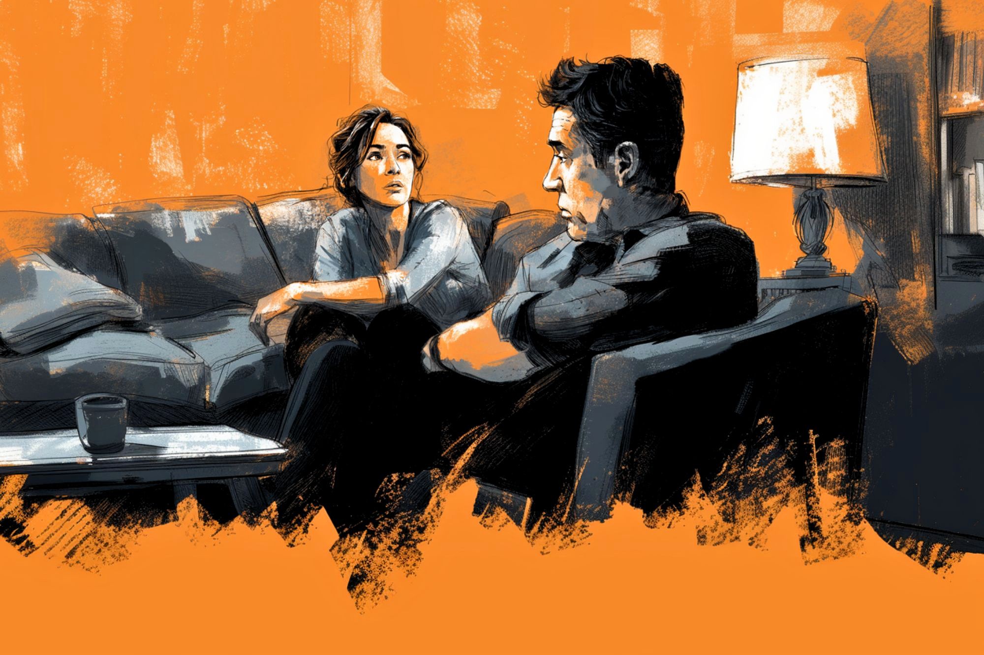A digital illustration shows a man and a woman sitting on a couch in a warmly lit room, facing each other and appearing deep in conversation; the background is painted in vibrant orange tones.