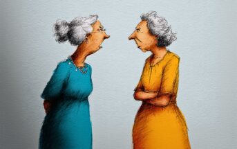 Two elderly women with gray hair stand facing each other, one in a blue dress with hands behind her back, the other in an orange dress with arms crossed, both appearing serious or upset.