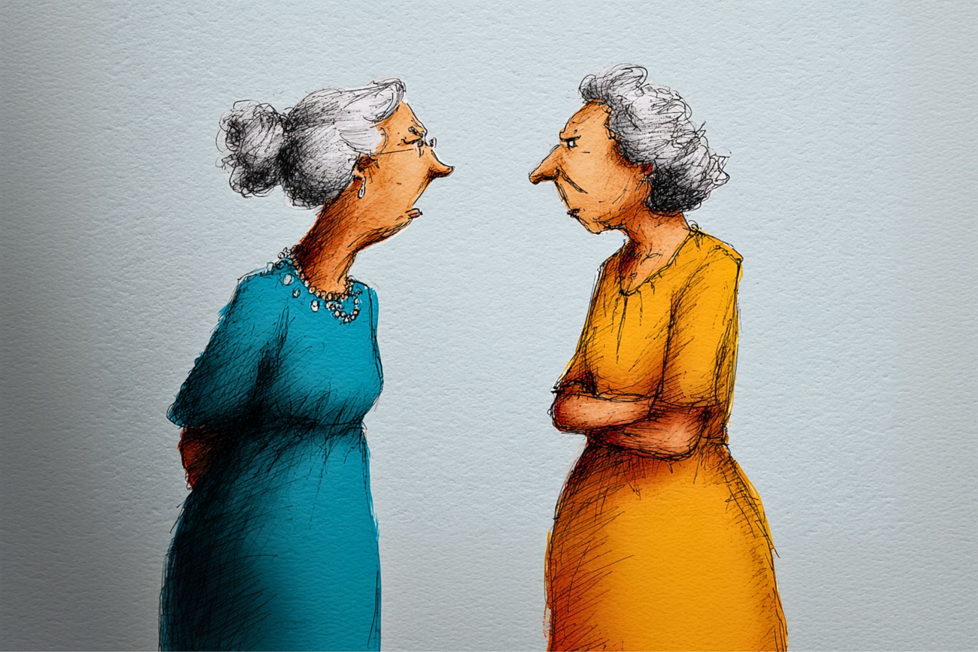 Two elderly women with gray hair stand facing each other, one in a blue dress with hands behind her back, the other in an orange dress with arms crossed, both appearing serious or upset.