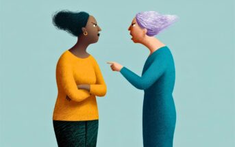 Two women face each other in an intense confrontation, with one woman pointing a finger while the other stands with her arms crossed.