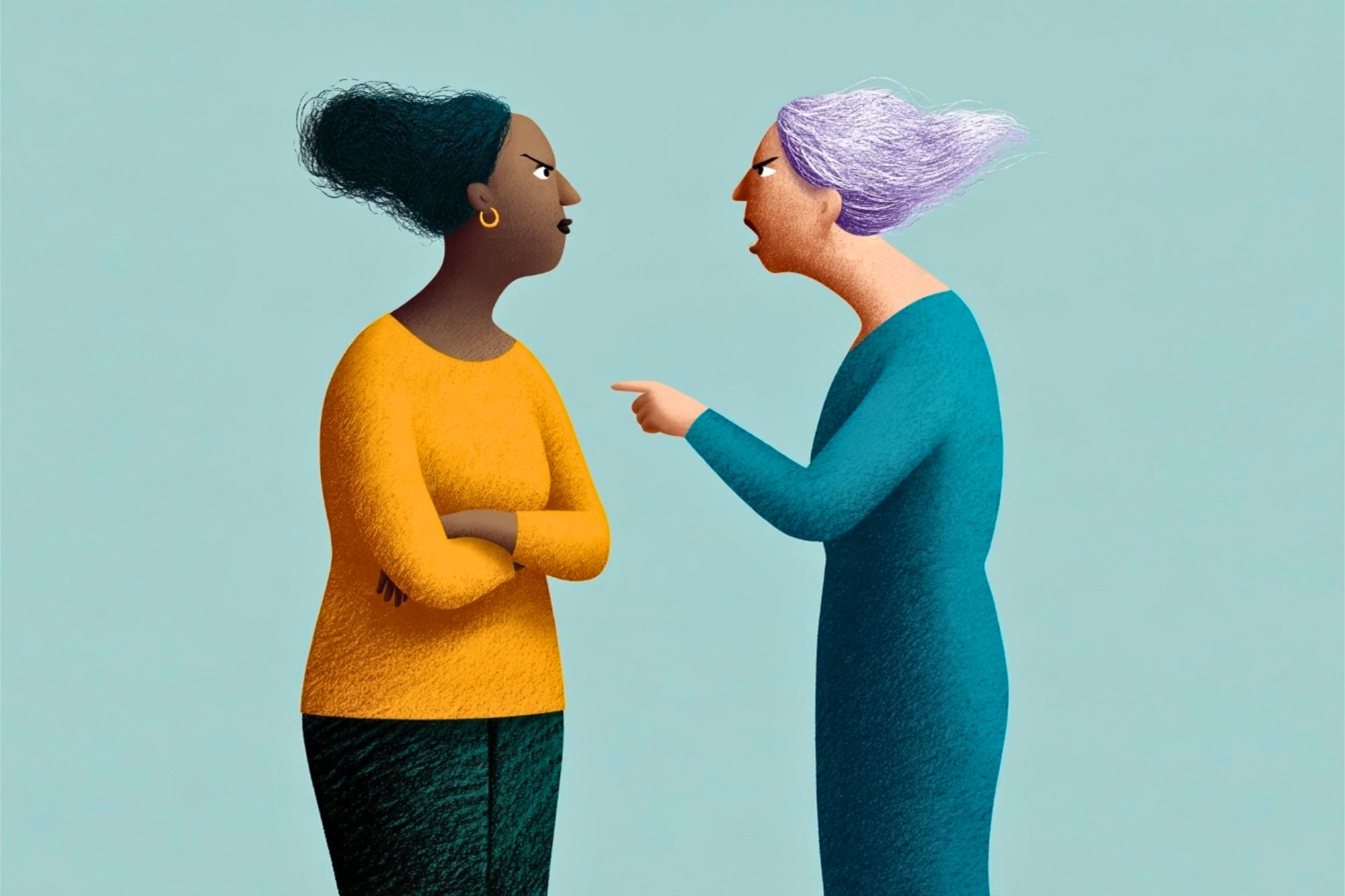 Two women face each other in an intense confrontation, with one woman pointing a finger while the other stands with her arms crossed.