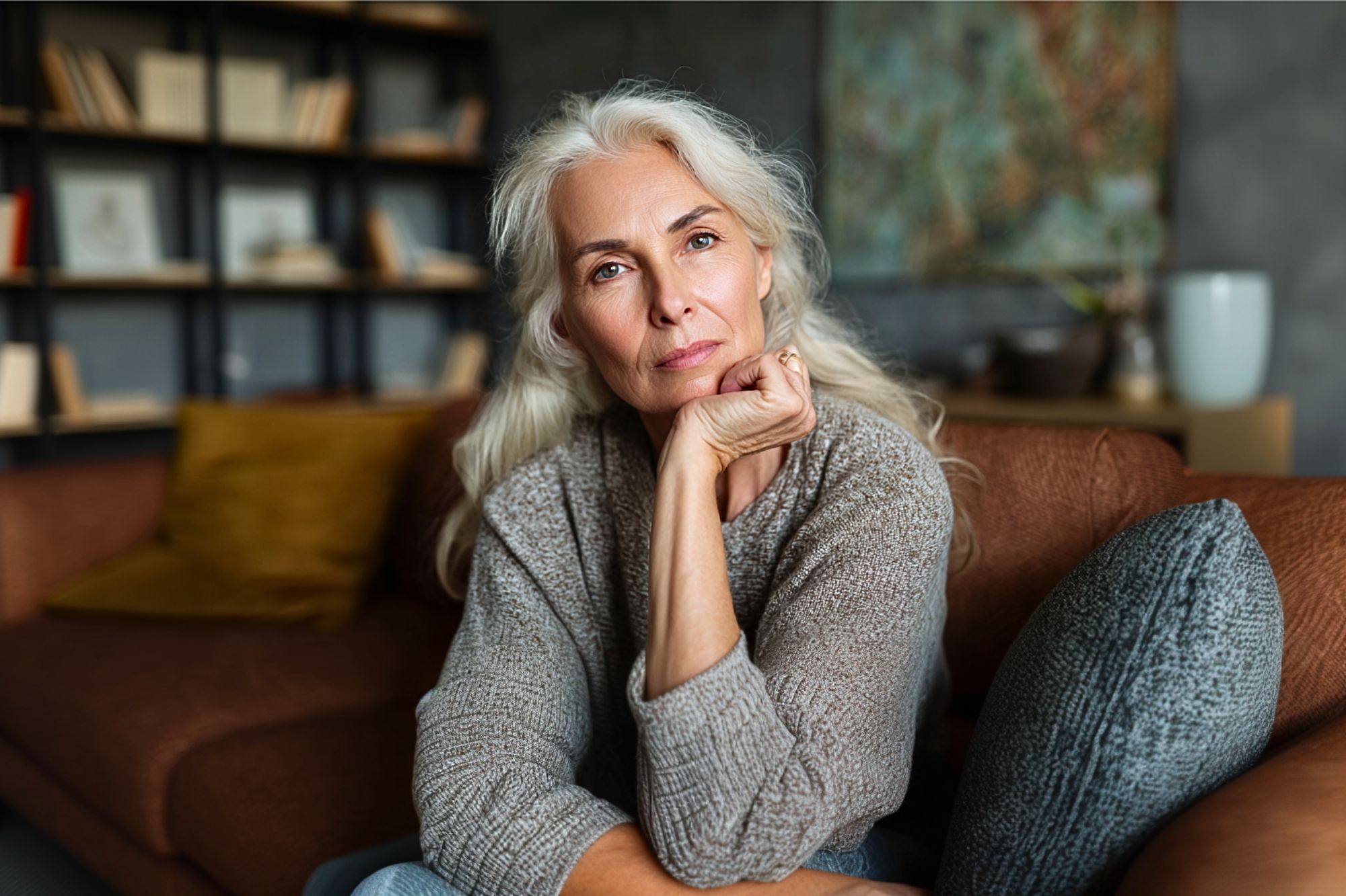 An older woman with long gray hair sits on a brown sofa, resting her chin on her hand and looking thoughtfully at the camera. A bookshelf and cushions are visible in the background, giving a cozy, homey feel.