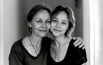 Two women, one older and one younger, sit closely together and smile at the camera. The older woman has her arm around the younger. The image is black and white.