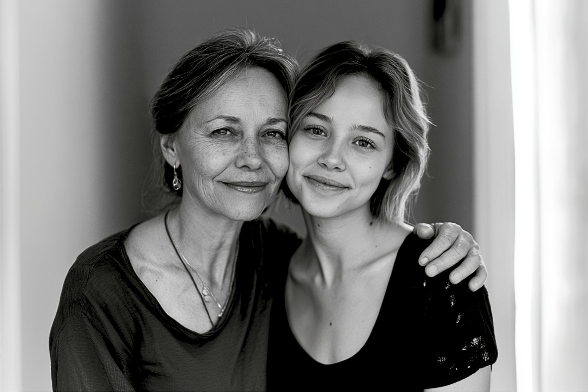 Two women, one older and one younger, sit closely together and smile at the camera. The older woman has her arm around the younger. The image is black and white.