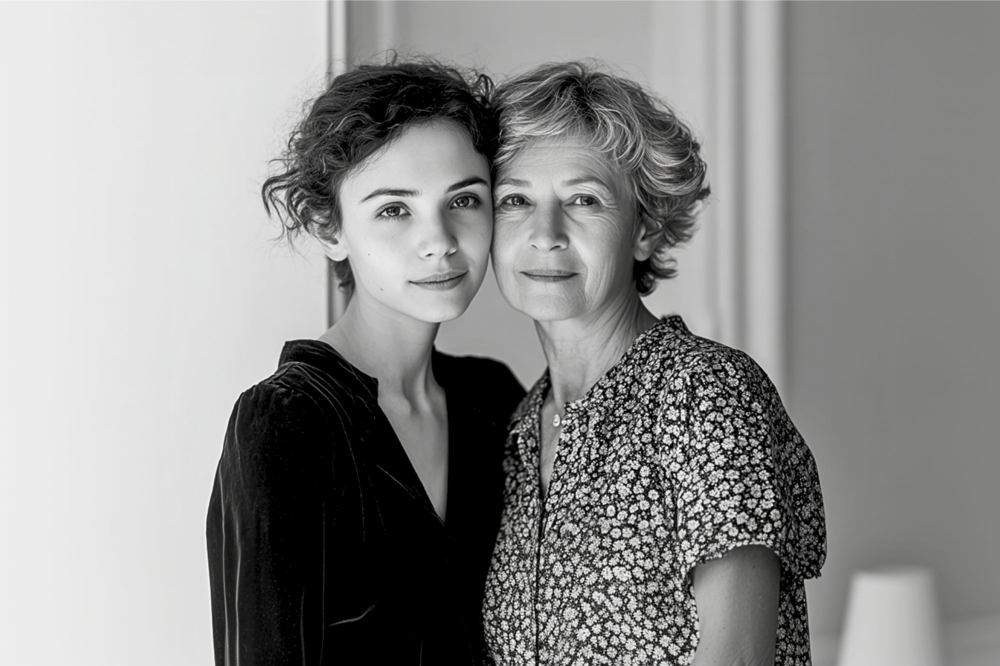 A young woman and an older woman stand close together indoors, looking at the camera with gentle expressions. The image is in black and white, and both women have short, wavy hair.