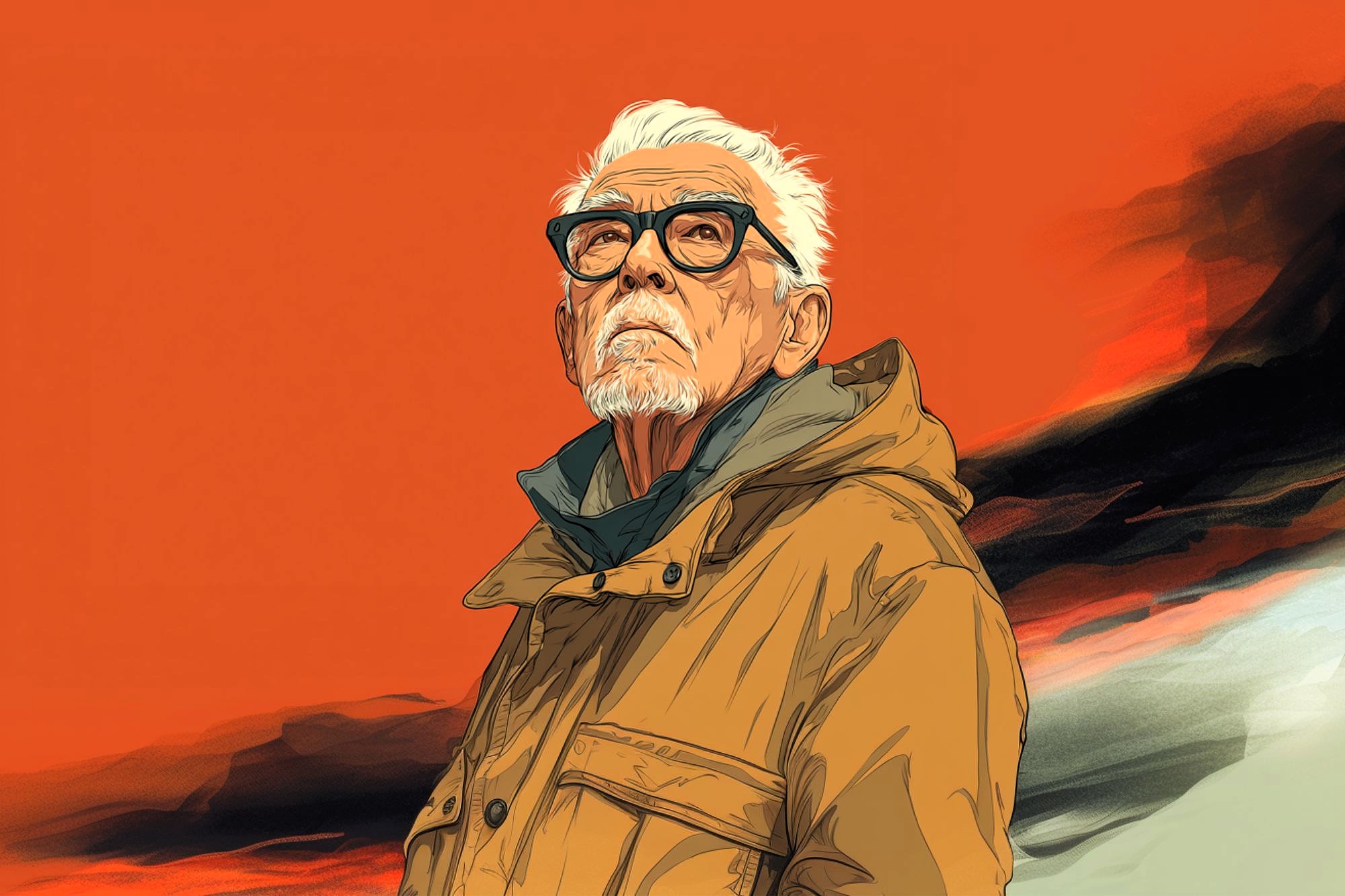An elderly man with white hair, beard, and glasses wears a tan coat, standing against a vivid orange and black abstract background, looking upward with a thoughtful expression.