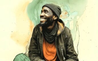 A smiling man in a green jacket, orange shirt, and beanie sits against a light-colored, artistic watercolor background, looking up and to the side.