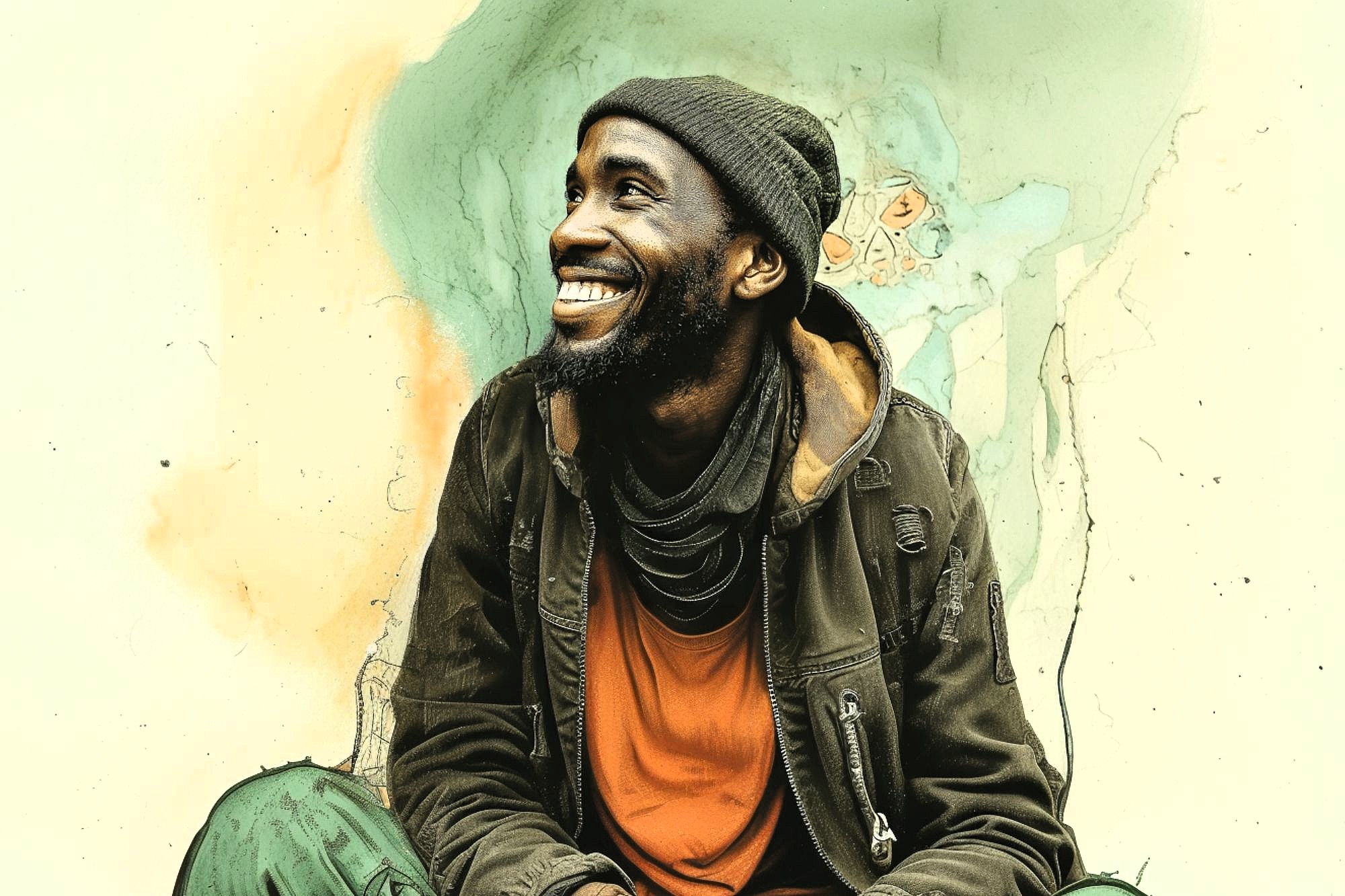 A smiling man in a green jacket, orange shirt, and beanie sits against a light-colored, artistic watercolor background, looking up and to the side.