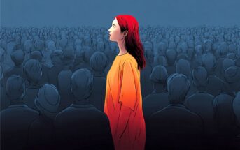 A woman with red hair and an orange-yellow dress stands out in a crowd of people drawn in muted blue tones, looking upward and appearing calm and focused amidst the crowd.