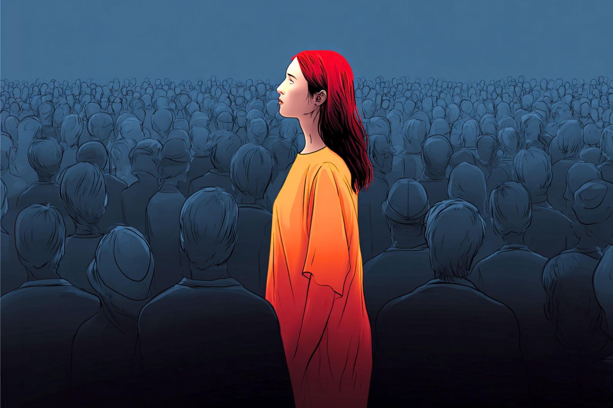 A woman with red hair and an orange-yellow dress stands out in a crowd of people drawn in muted blue tones, looking upward and appearing calm and focused amidst the crowd.