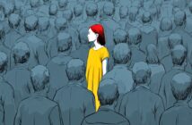 A woman with red hair wearing a yellow dress stands out in a crowd of people drawn in shades of gray, highlighting her individuality among the uniform group.