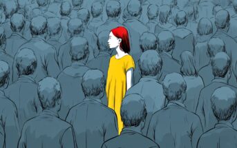 A woman with red hair wearing a yellow dress stands out in a crowd of people drawn in shades of gray, highlighting her individuality among the uniform group.