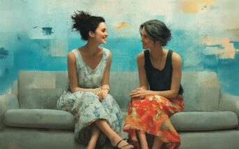 Two women sit on a gray couch, smiling at each other. One wears a light blue dress with a floral pattern, the other a dark top with a red floral skirt. The background is a bright, abstract blue and orange wall.