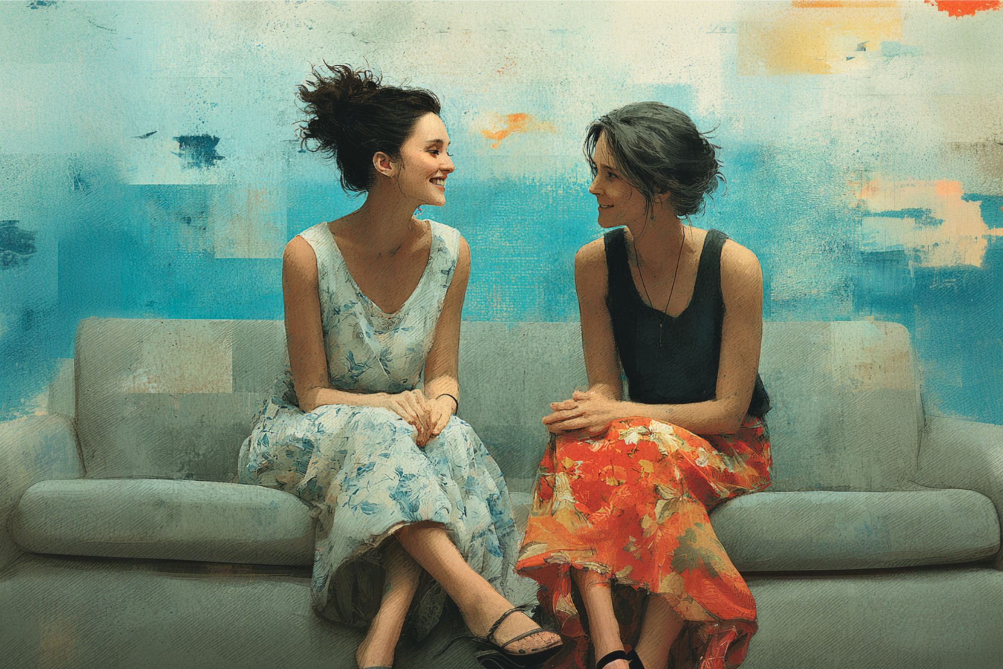 Two women sit on a gray couch, smiling at each other. One wears a light blue dress with a floral pattern, the other a dark top with a red floral skirt. The background is a bright, abstract blue and orange wall.