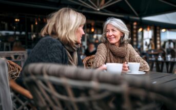 Two women sit outdoors at a café, wrapped in warm sweaters and scarves, smiling and talking while holding white coffee cups. The setting is cozy with wicker chairs and soft lighting in the background.