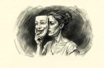 A pencil drawing of a woman holding a smiling mask in front of her face. Her expression is serious and somber, contrasting with the joyful mask. The background is shaded in a circular pattern.