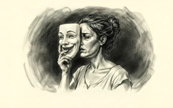 A pencil drawing of a woman holding a smiling mask in front of her face. Her expression is serious and somber, contrasting with the joyful mask. The background is shaded in a circular pattern.