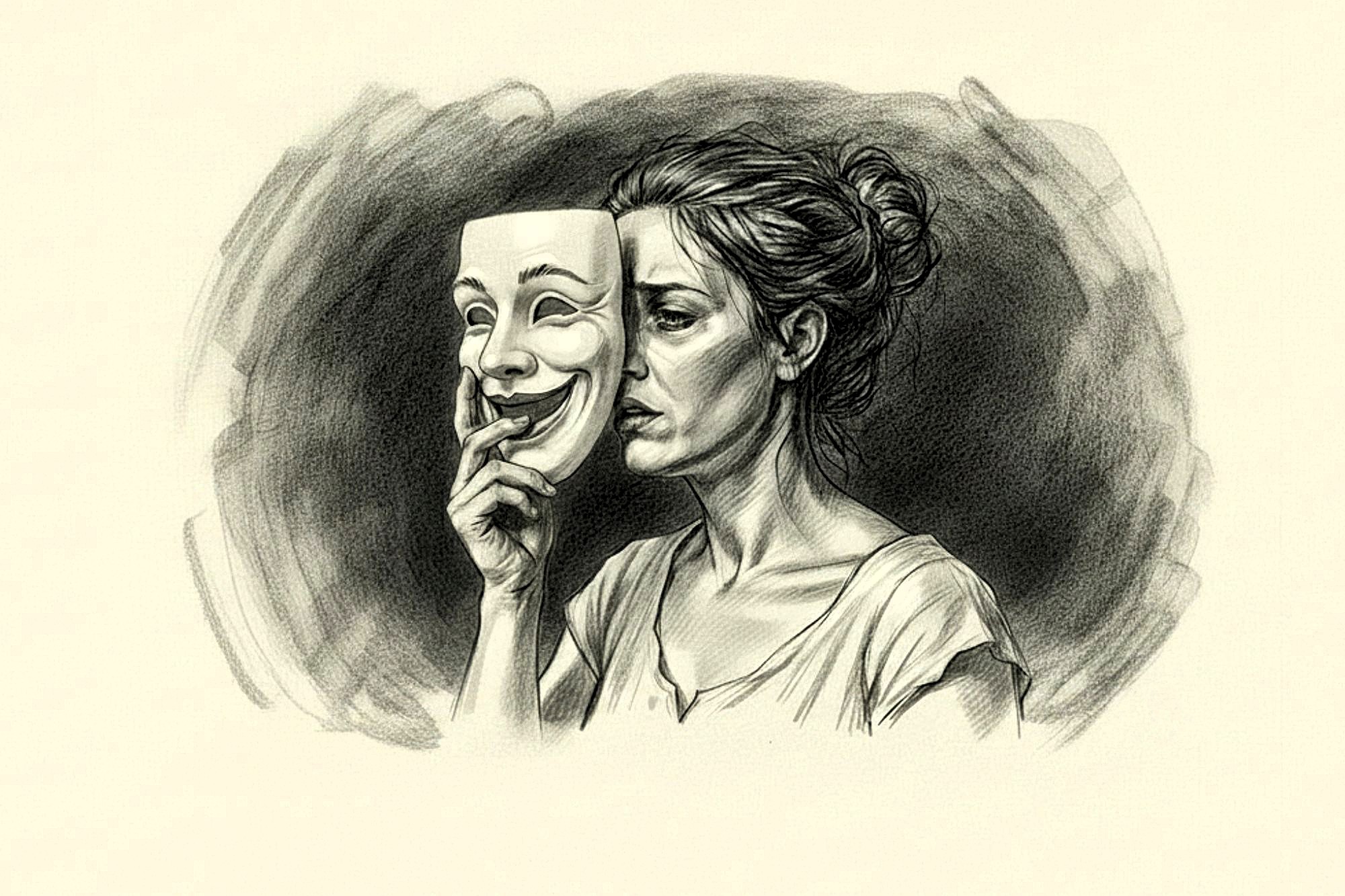 A pencil drawing of a woman holding a smiling mask in front of her face. Her expression is serious and somber, contrasting with the joyful mask. The background is shaded in a circular pattern.