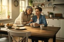 Two women, one older and one younger, sit together in a bright, cozy kitchen. The older woman smiles and gently touches the younger woman's shoulder as they share a warm moment over coffee at the wooden table.