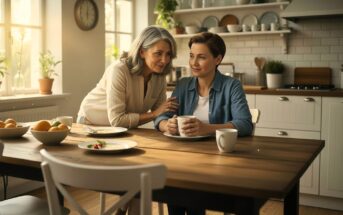 Two women, one older and one younger, sit together in a bright, cozy kitchen. The older woman smiles and gently touches the younger woman's shoulder as they share a warm moment over coffee at the wooden table.