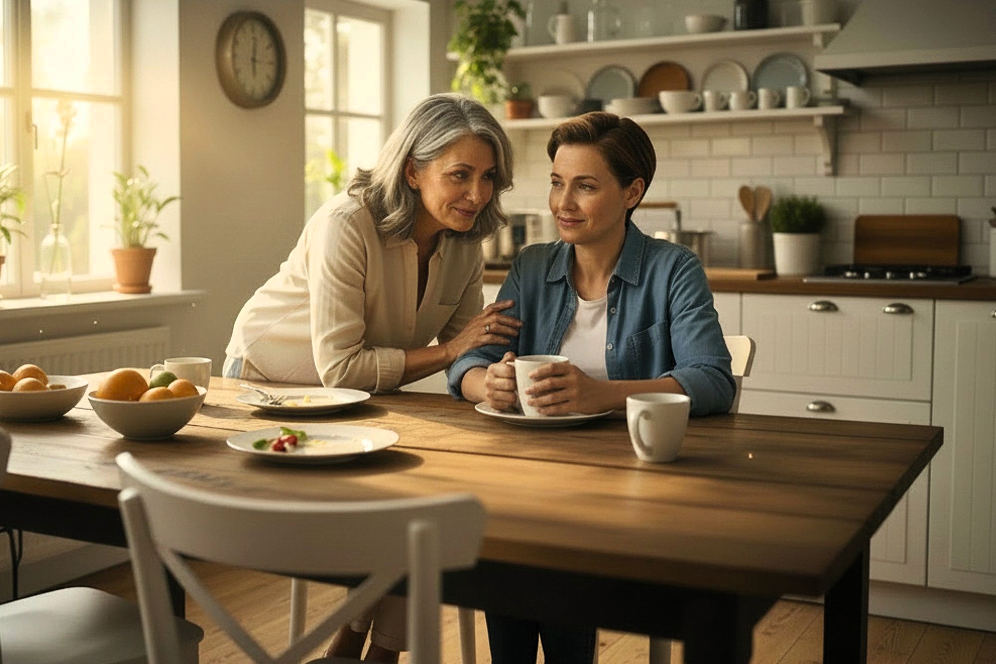 Two women, one older and one younger, sit together in a bright, cozy kitchen. The older woman smiles and gently touches the younger woman's shoulder as they share a warm moment over coffee at the wooden table.