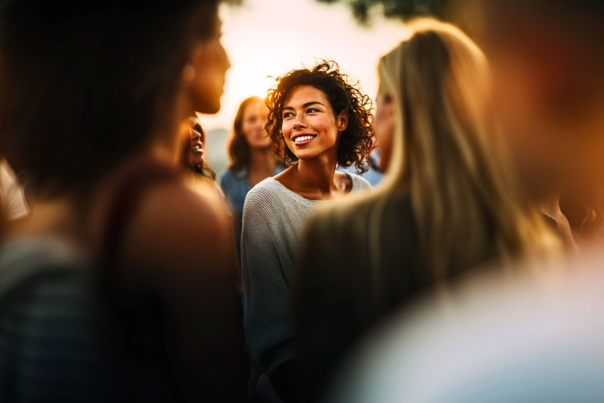 A woman with curly hair smiles brightly while standing among a group of people outdoors at sunset, creating a warm and joyful atmosphere.