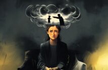 A sad woman sits with hands clasped, dark clouds above her head showing a memory of two figures arguing. The scene represents emotional distress and mental struggle.