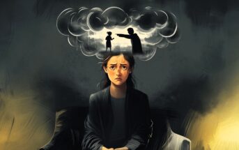 A sad woman sits with hands clasped, dark clouds above her head showing a memory of two figures arguing. The scene represents emotional distress and mental struggle.