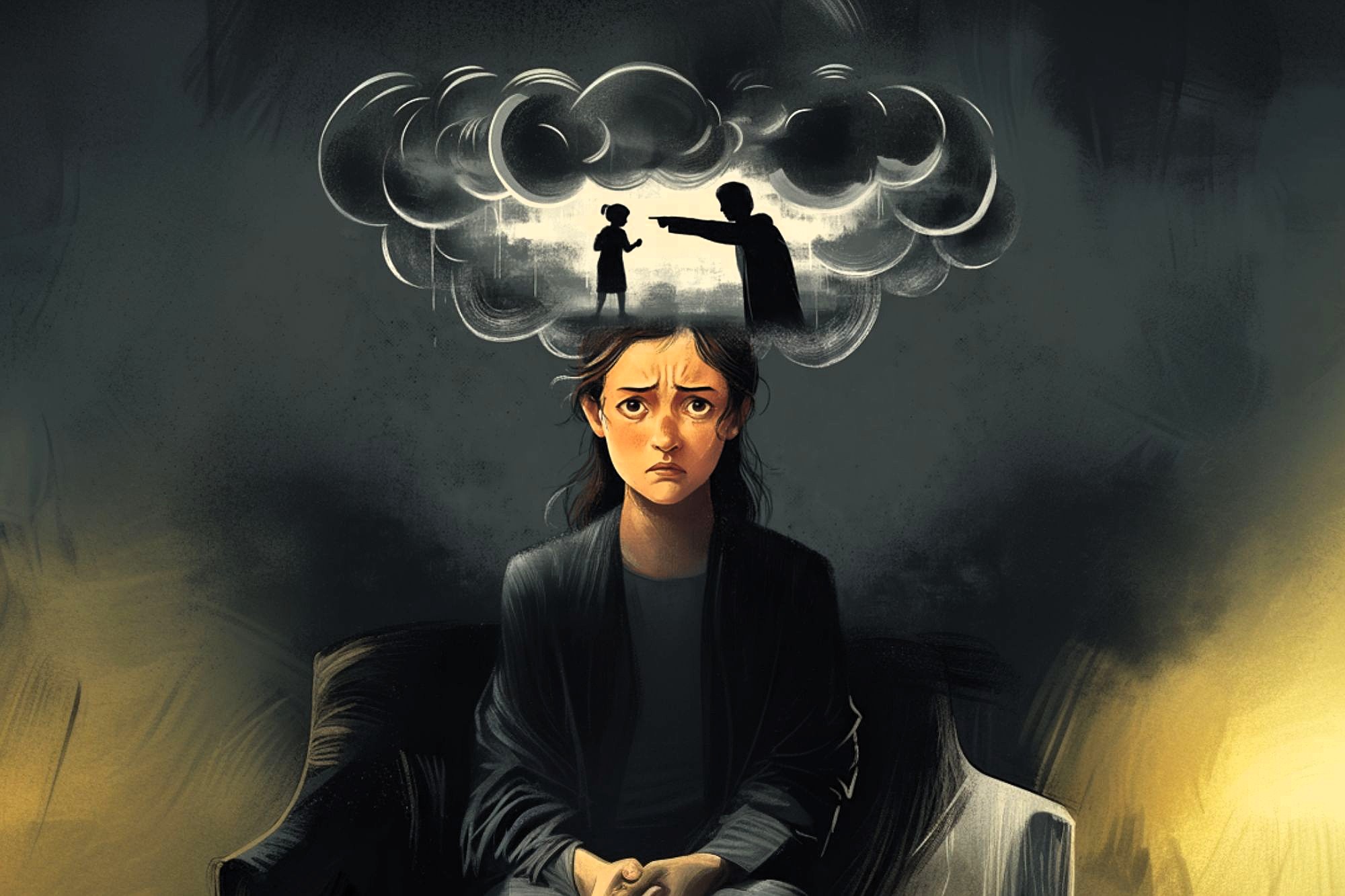A sad woman sits with hands clasped, dark clouds above her head showing a memory of two figures arguing. The scene represents emotional distress and mental struggle.