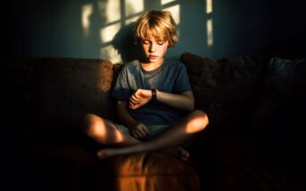A young boy with blonde hair sits cross-legged on a couch, looking at his watch. Sunlight streams through a window, casting patterned shadows on the wall behind him.
