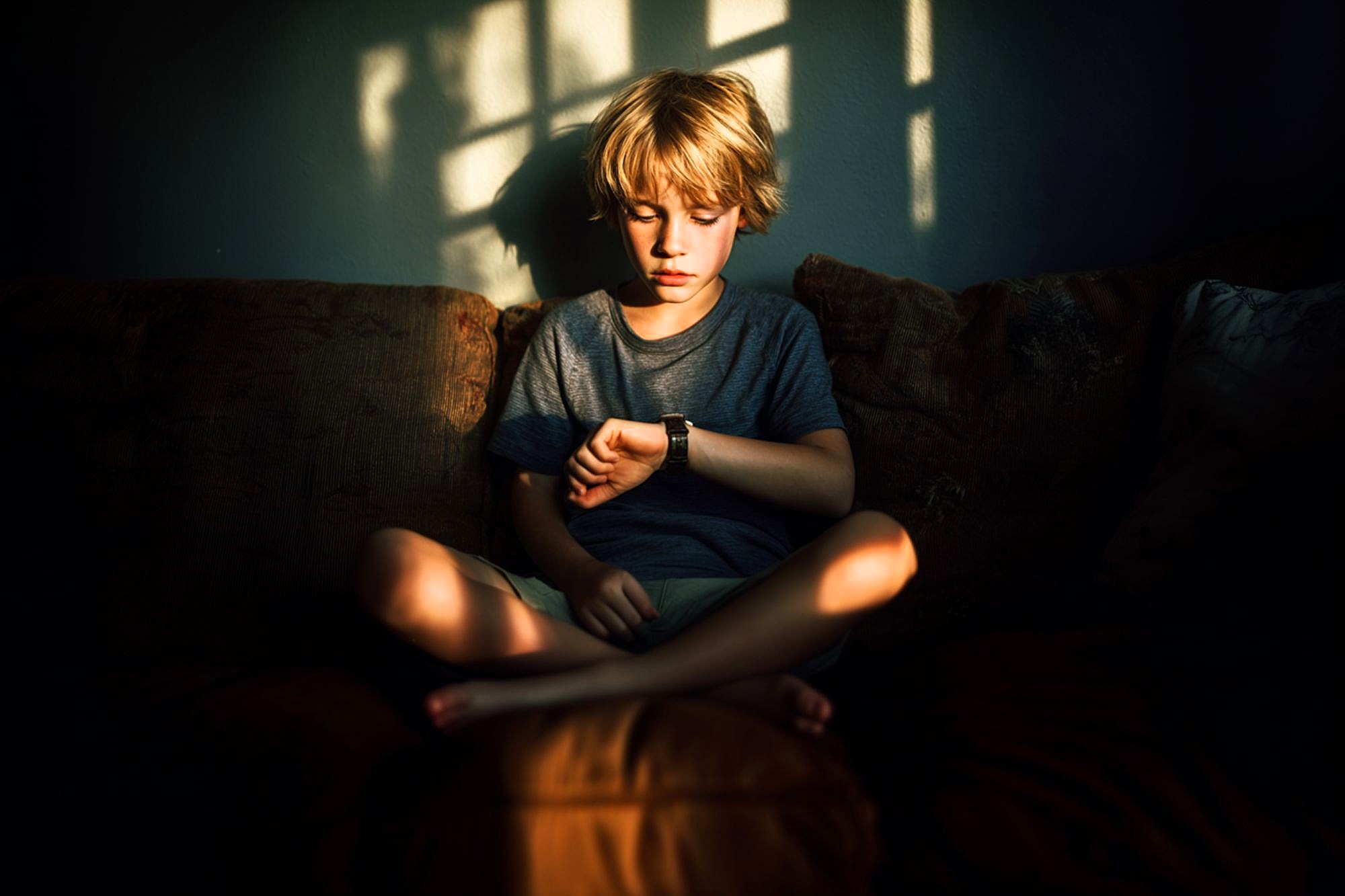 A young boy with blonde hair sits cross-legged on a couch, looking at his watch. Sunlight streams through a window, casting patterned shadows on the wall behind him.