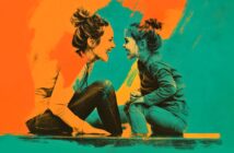 A stylized image of a woman and a young girl sitting face-to-face, smiling and laughing, with vibrant orange and teal paint-like effects in the background.