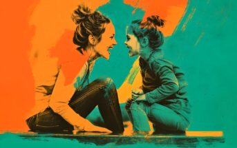 A stylized image of a woman and a young girl sitting face-to-face, smiling and laughing, with vibrant orange and teal paint-like effects in the background.