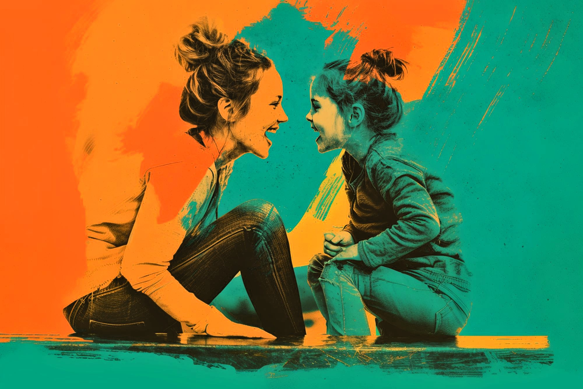 A stylized image of a woman and a young girl sitting face-to-face, smiling and laughing, with vibrant orange and teal paint-like effects in the background.