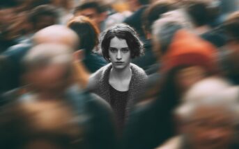 A person with short dark hair stands still amid a blurry, moving crowd, looking directly at the camera with a neutral expression, creating a sense of isolation and focus.