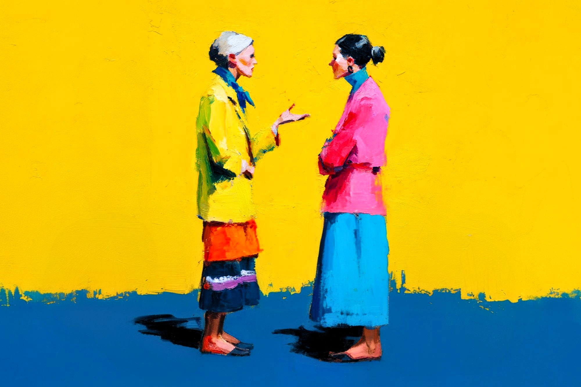 Two women wearing colorful clothes stand facing each other and conversing against a vibrant yellow background. One woman gestures with her hand while the other listens with arms crossed.