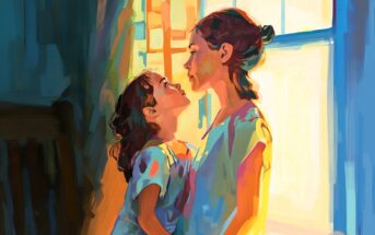 A colorful painting of a woman and a young girl facing each other in soft sunlight by a window, sharing an affectionate moment. The girl's face is close to the woman's, both wearing light dresses.