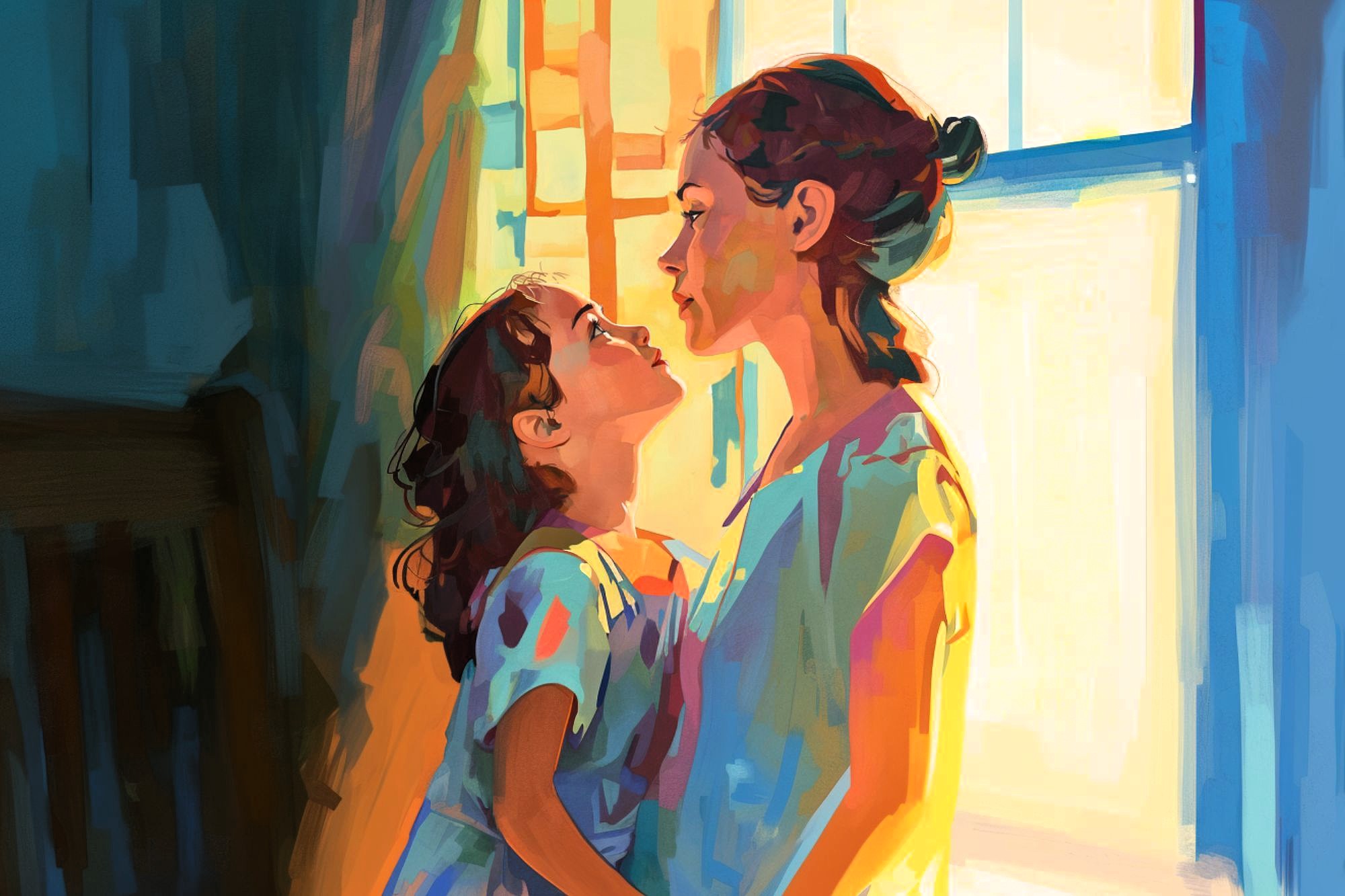 A colorful painting of a woman and a young girl facing each other in soft sunlight by a window, sharing an affectionate moment. The girl's face is close to the woman's, both wearing light dresses.