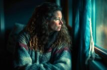 A woman with curly hair wearing a thick sweater sits by a window, gazing thoughtfully outside. Soft natural light highlights her face, and blue curtains frame the window, creating a calm, contemplative mood.