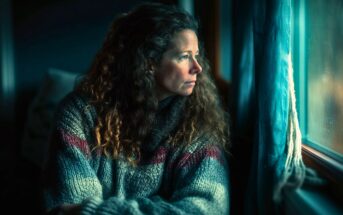 A woman with curly hair wearing a thick sweater sits by a window, gazing thoughtfully outside. Soft natural light highlights her face, and blue curtains frame the window, creating a calm, contemplative mood.