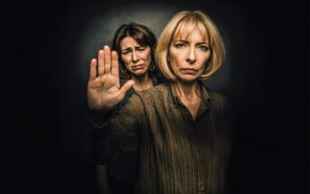 Two women stand against a dark background; the woman in front looks serious and holds her hand up in a stop gesture, while the woman behind appears upset and worried.