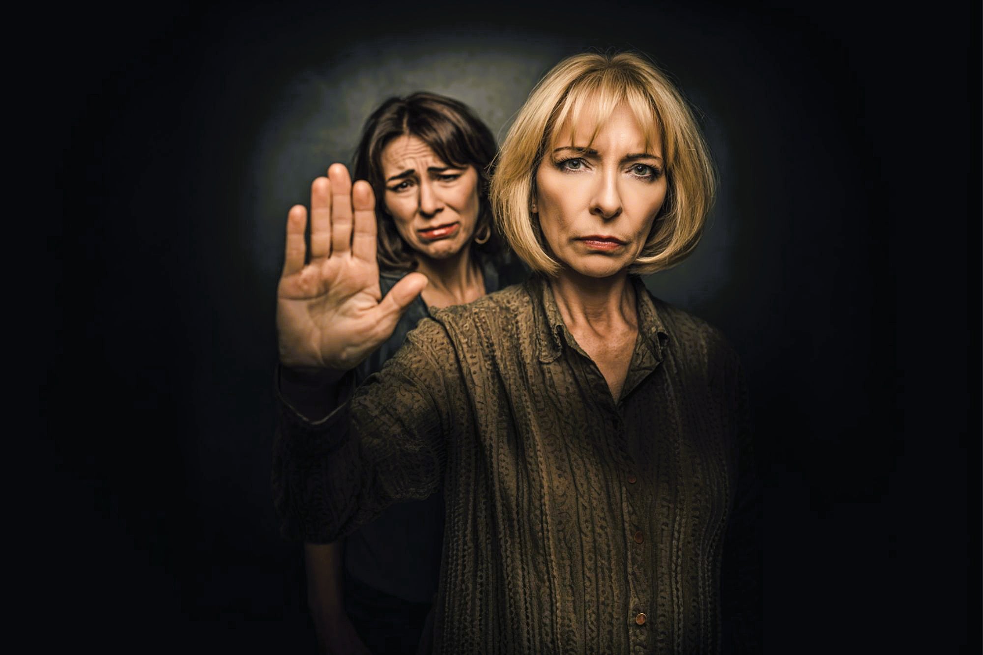 Two women stand against a dark background; the woman in front looks serious and holds her hand up in a stop gesture, while the woman behind appears upset and worried.