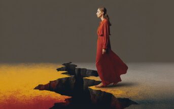 A woman in a long red dress stands at the edge of a jagged crack in the ground, dividing yellow and gray surfaces, with a neutral background.