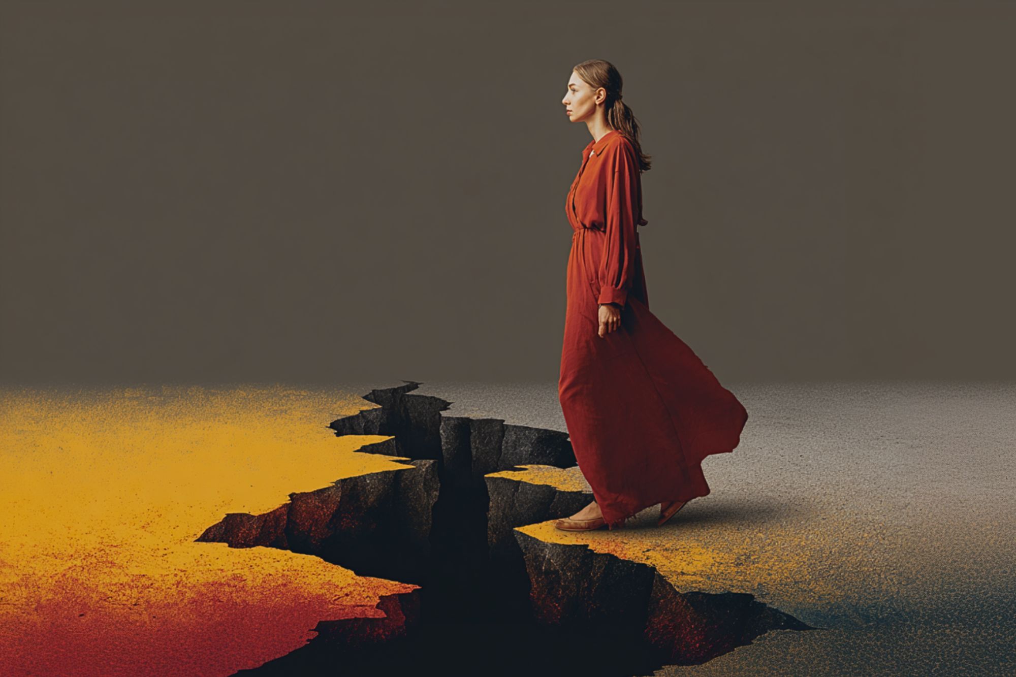 A woman in a long red dress stands at the edge of a jagged crack in the ground, dividing yellow and gray surfaces, with a neutral background.