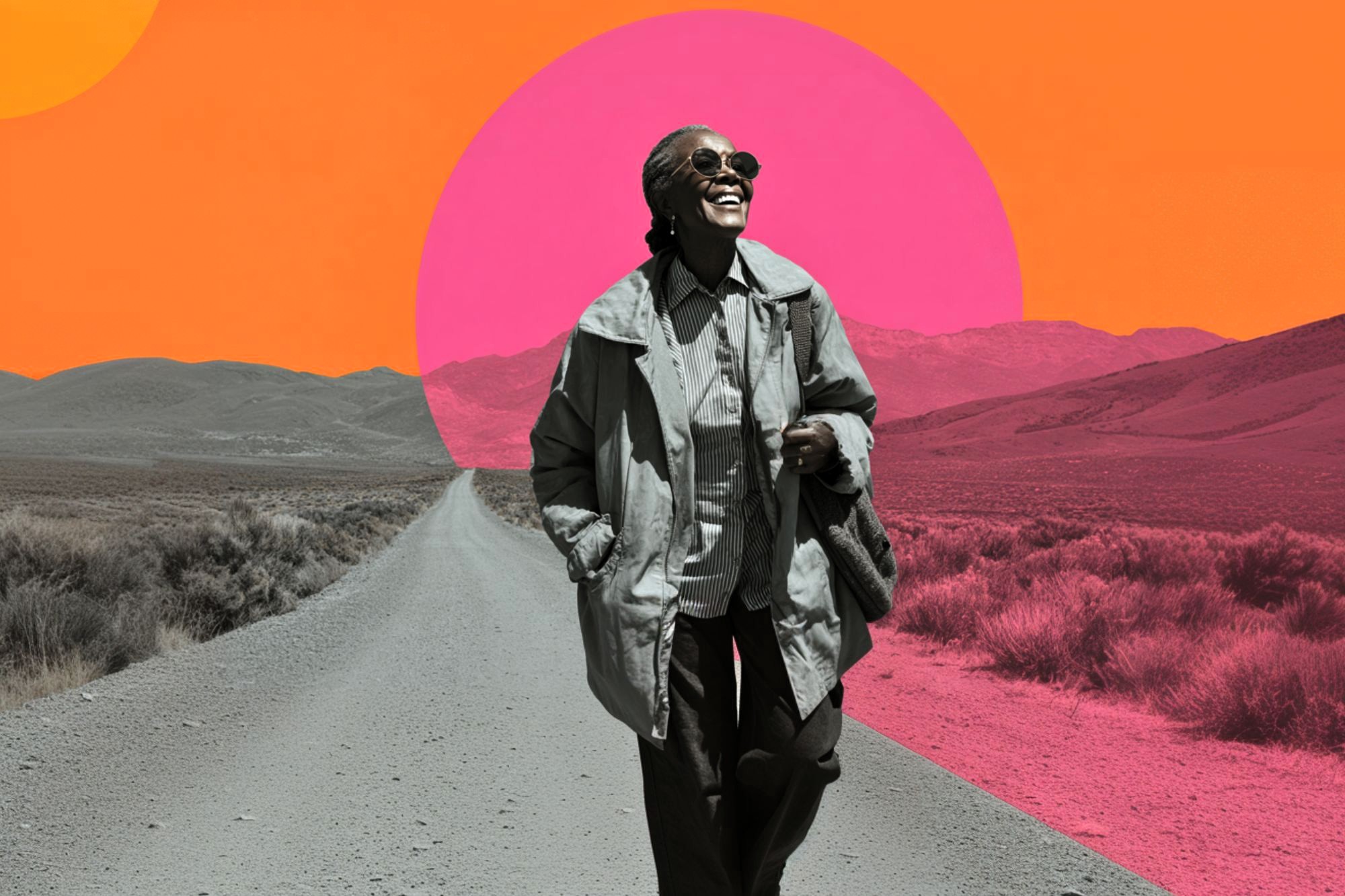 A smiling woman wearing sunglasses and a coat walks down a deserted rural road. The background features grayscale mountains and vibrant, abstract orange and pink sun shapes.