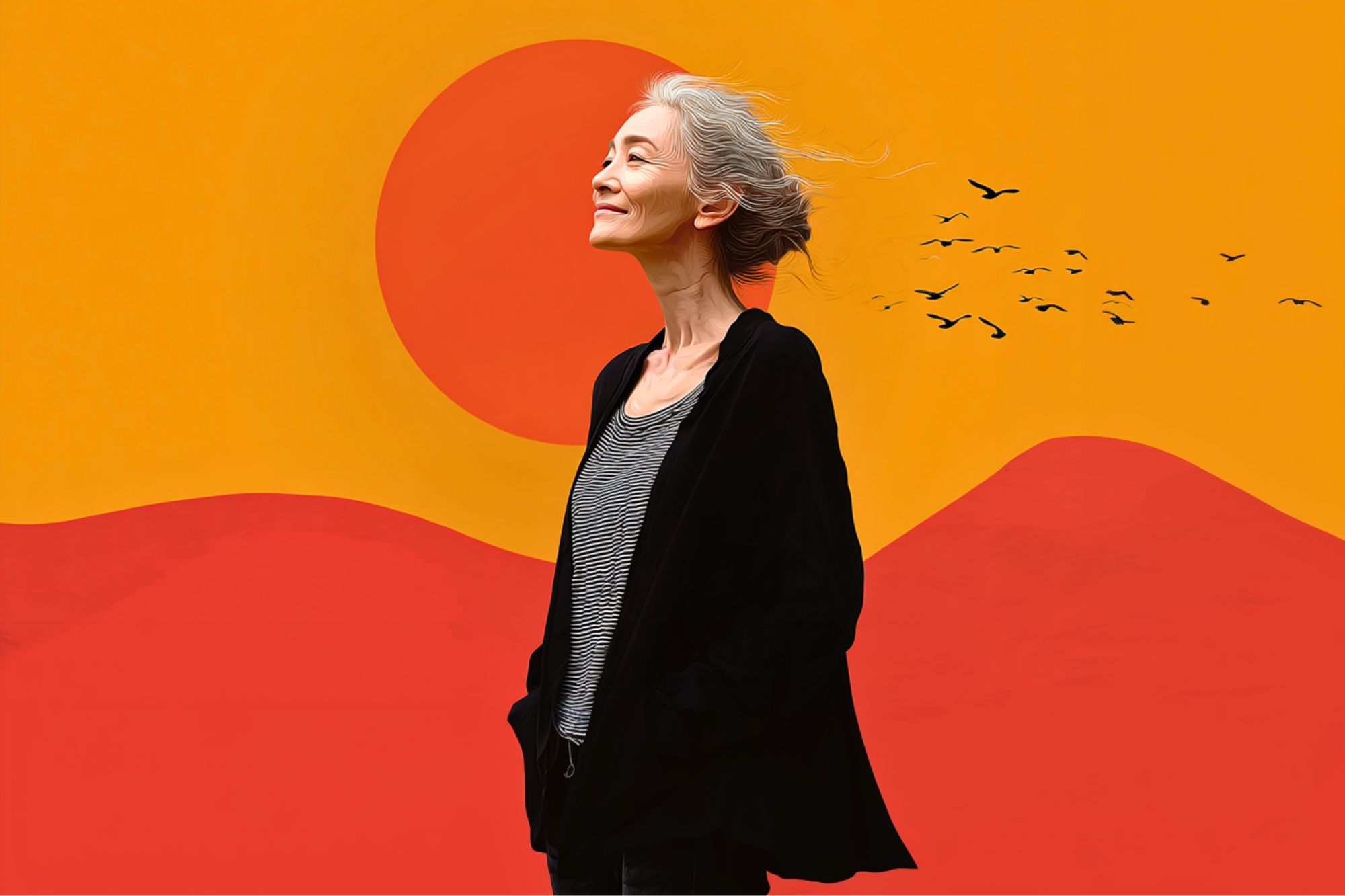 A woman with gray hair stands smiling against a vibrant orange and red abstract background with a large sun and flying birds. She wears a black jacket and striped shirt, hands in her pockets.